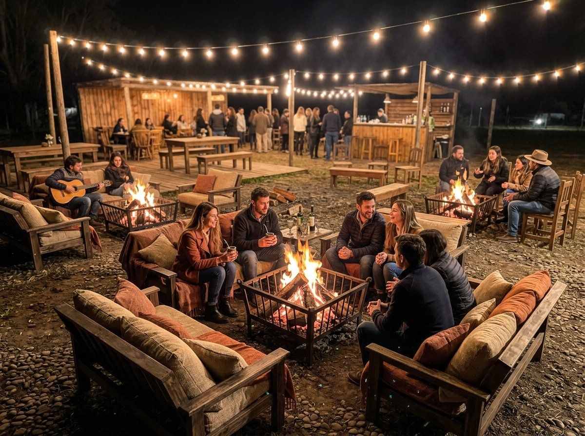Grupo de invitados alrededor del fuego en el sector chill out